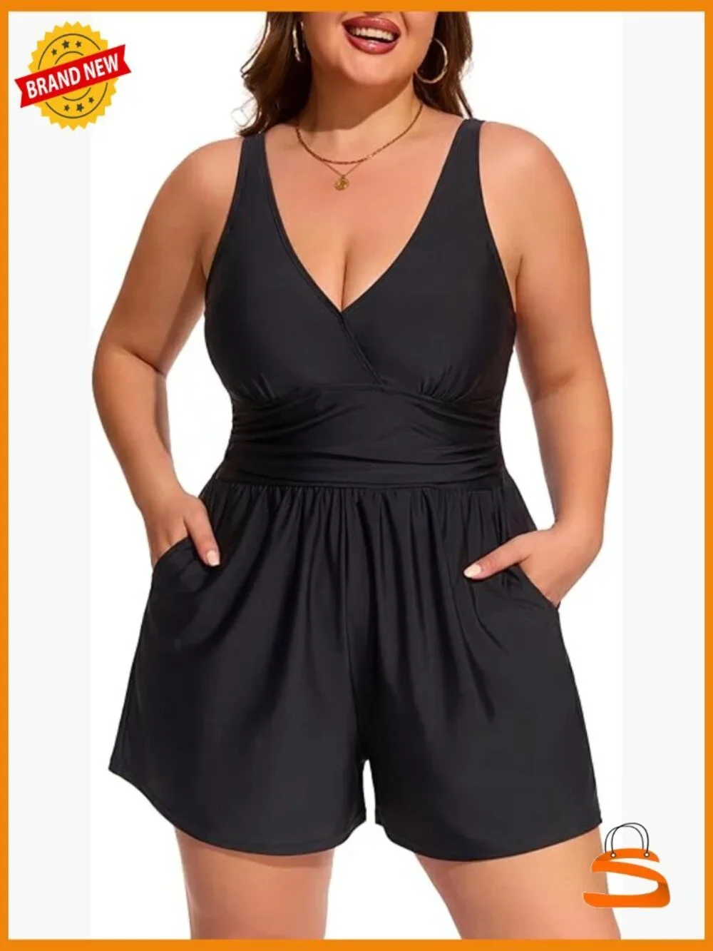 Plus Size One Piece Swimsuit Swim Romper with Shorts and Pockets